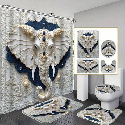 1/3/4pcs "Luxury Blue And White Elephant" Shower Curtain Set, Golden Decor Bathroom Decor, Includes Bath Mat, U-Shaped Mat, Toilet Lid Cover, 12-Hook High Quality 70.87x70.87inch Curtain, Royal Style.