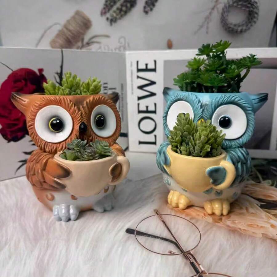 卡通猫头鹰桌面花盆,树脂工艺品,创意树脂装饰品,户外花园猫头鹰花盆(不含植物) - 貓頭鷹花盆(不含綠色植物) - 查看 1