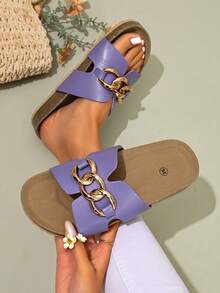 Ximi Ruo Thick Sole Spring/Summer New Brand Thick Sole Rice Husk Slippers, Women's Net Celebrity Fashion Casual Sandals, Roman Style Slip-On Slippers, Comfortable Black Slouchy Slippers For Summer - Purple - View 3
