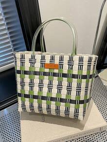 Woven Colorful Tote Basket Bag, Straw Woven Square Bag, Countryside Chic Vacation Women Handbag, Large Capacity - Multicolor - View 2