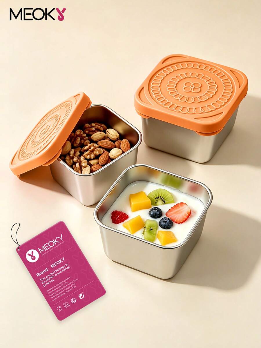 Meoky 3pcs 8oz Stainless Steel Airtight Food Storage Containers With Silicone Lids, Leak-Proof Small Food Storage Boxes, Reusable Metal Lunch Boxes For Snacks, Meal Prep, Travel, Picnic - Orange*3-piece Set - View 1