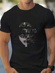 Herren Casual Crew Neck Kurzarm T-Shirt mit abstraktem Kunstdruck, bequem und atmungsaktiv für den Alltag, vielseitiger Streetstyle Outfit für Herren, geeignet für täglichen Casual-Stil, Frühling Sommer Ausflüge und Freizeitaktivitäten - Schwarz - Übersicht 1