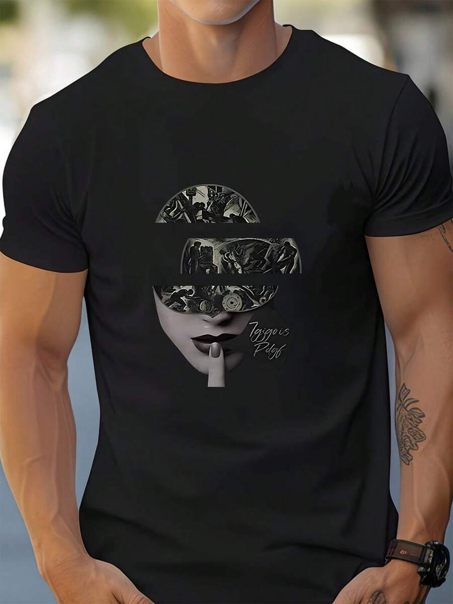Herren Casual Crew Neck Kurzarm T-Shirt mit abstraktem Kunstdruck, bequem und atmungsaktiv für den Alltag, vielseitiger Streetstyle Outfit für Herren, geeignet für täglichen Casual-Stil, Frühling Sommer Ausflüge und Freizeitaktivitäten - Schwarz - Übersicht 1