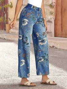Jeans de pierna recta larga para mujer, elegante estampado floral, pantalones de mezclilla casual, diseño con detalle de botones, elasticidad media para vacaciones de otoño - Azul lavado medio - Ver 5