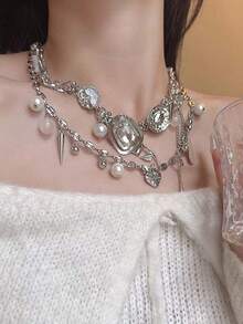 Bộ 2 dây chuyền bạc Y2K đính đá Zirconia nhiều màu sắc, ngọc trai giả, thiết kế riêng theo sở thích cá nhân, phù hợp cho nữ giới đeo hàng ngày, dự lễ hội, tiệc tùng, làm quà tặng trang sức. - Bạc - Xem 1