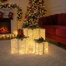 Juego de 3 Cajas de regalode Navidad con luz LED, Decoraciones para Regalos o Regalos de Exterior, Bajo El Árbol de Navidad Paquetes para Fiestas de Interior (Multicolor-C) - Blanco - Ver 4