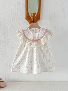 1件夏季休閒洋裝，蝴蝶結領口，可愛兔子與花卉印花，適合幼兒與小女孩 - 粉色 - 查看 10