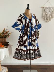 Rusttydustty Đầm ngắn tay cổ chữ V in hoa màu xanh dương và nâu phong cách Bohemian dành cho nữ cỡ lớn, phù hợp mặc hàng ngày và đi nghỉ mát, thanh lịch mùa hè. - Nhiều màu - Xem 2