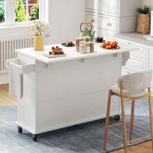 Kitchen Island With Fold-Down Worktop, Kitchen Trolley With Wheels, Kitchen Cabinet With 4  And 1 Drawer, Spice Racks Integrated Into The  , Double-Sided Towel Rails, White, 120*45(70)*95 - White - View 4
