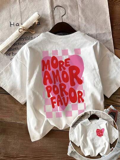 [In hai mặt] Áo thun nữ tay ngắn cổ tròn in hình trái tim kiểu retro, thích hợp mặc mùa xuân/hè.