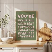 1pc Frameless Green Inspirational Quote Art Print, Pink "You Are Beautiful, Tough, Awesome, Talented, Fearless, Confident" Text, Minimalist Motivational Poster For Bedroom, Dorm, Back To School, Funky Posters, Room Decor Gift - Inspirational Quotes - View 4