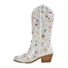 Women's Rhinestone Cowboy Boots, Mid-Calf Western Boots, Sparkling Women's Cowboy Boots, 2-Inch Heel, Slip-On Mid-Calf Boots, Stylish Riding Boots - 寶石銀 - 查看 2