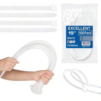 100pcs Black & White Self-Locking Nylon Cable Ties, 7.6*500mm/19in, Multi-Purpose Weather & Abrasion Resistant