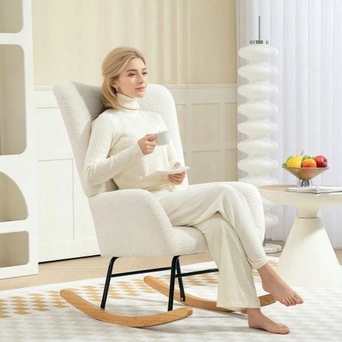 Rocking Chair, Rocking Chair With Armrests, Teddy Bear Velvet Look, Reclining Armchair With Wooden Guides, Rocking Chair, Nursing Chair For Bedroom, Living Room, Cream White - White - View 1