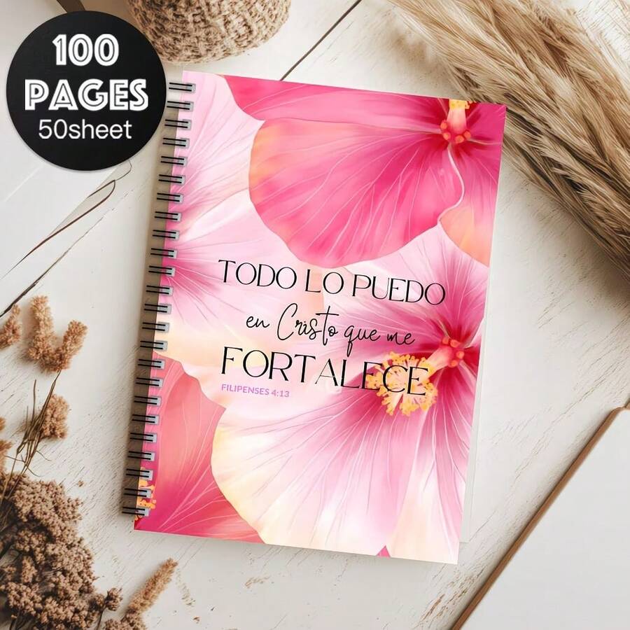 1pc Pink Inspirational Notebook With Spanish Motivational Phrases And Elegant Floral Patterns, Self-Reflection Journal, Ideal Gift For Female Friends And Sisters, Motivational Diary And Daily Inspiration Notepad School Supplies - G - View 1