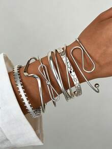 6pcs Vintage Exaggerated Luxurious Geometric Twisted Line Design Women Metal Bangle Set, Suitable For Daily Wear And Gift - Silver 9 - View 5