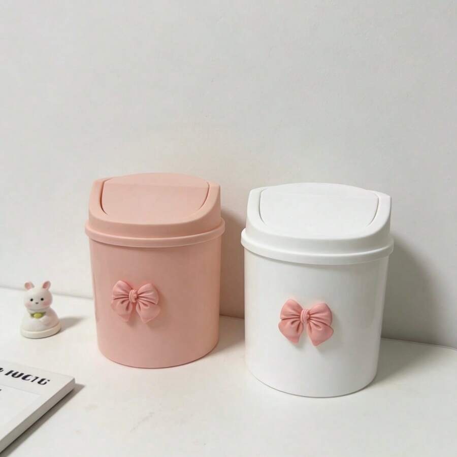 1个迷你桌面垃圾桶，带盖+蝴蝶结装饰，塑料旋转顶盖垃圾桶，非电动圆柱形垃圾桶，适用于家庭、办公室、厨房、卧室梳妆台、日常用品 - 迷你垃圾筒 - 查看 1