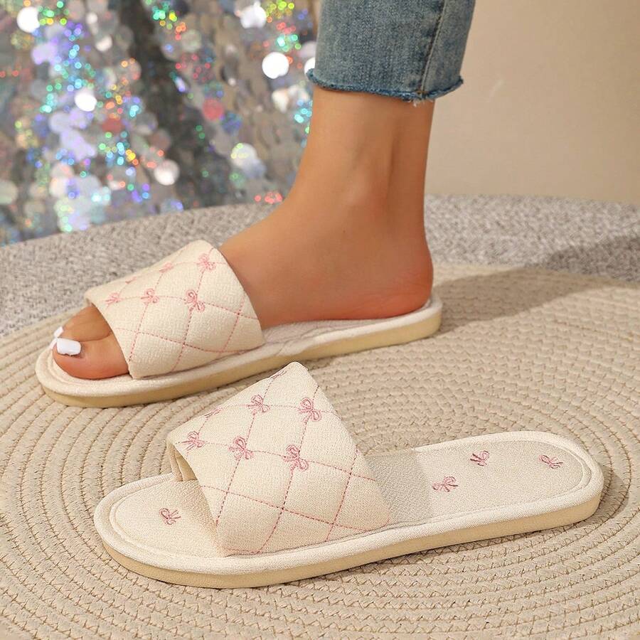女款居家刺繡蝴蝶結布面室內平底毛絨拖鞋，四季可穿地板拖鞋