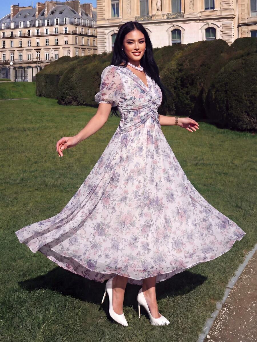 UNITHORSE Floral Print V-Neck Ruched Lantern Sleeve Graceful Ethereal Chiffon Dress - Multicolor - View 1