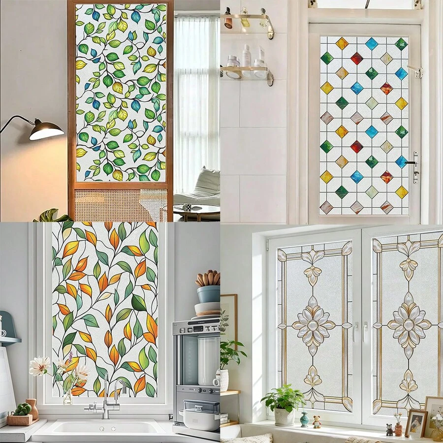 1/4 miếng phim dán cửa sổ mờ họa tiết hoa văn đơn giản, phim cách nhiệt tĩnh điện, chắn tia UV; thích hợp cho phòng tắm, phòng khách và cửa kính trượt; vật dụng cần thiết cho mùa hè.