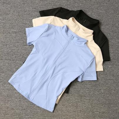 Women's Quick-Dry Stand Collar Full Zipper Short Sleeve Yoga Shirt - Tight Waist Slimming Training Top