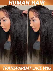 蓬松直发 13x4 透明蕾丝前假发 Yaki 直发蕾丝前假发 巴西真人发 4C 发际线假发 卷曲真人发假发 200% 密度 - Natural Black - 查看 4