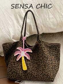 This Leopard Print Polyester Crossbody Bag Has A Large Capacity And Comes With A Pink Coconut Tree Pendant. It Is Lightweight And Portable, Very Suitable For Daily Commuting And Shopping. The Large Capacity Is Suitable For Office, School, Travel, Vacation, Beach And Other Occasions, And Is Very Suitable For Students, Office Workers, Mothers And Teachers To Use. - Brown - View 9