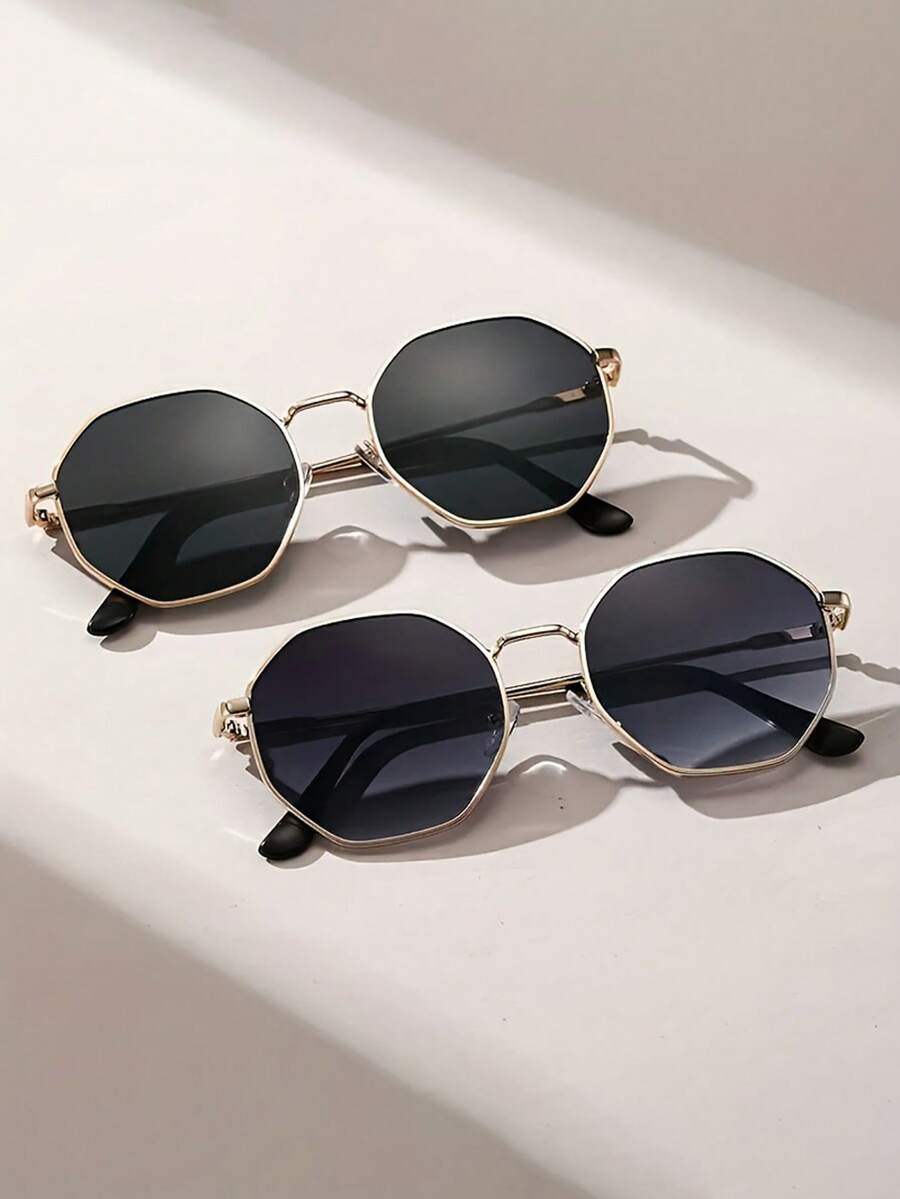 2 pares de gafas de moda con marco metálico geométrico poligonal de estilo retro, gafas de moda para fotografía de viajes y callejera, unisex - Multicolor - Ver 1