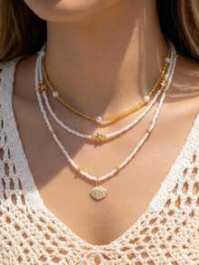 3 piezas Collar con cuentas de concha y estrella de mar, adecuado para vacaciones y viajes a la playa de mujeres - Multicolor - Ver 6