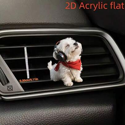 1 chiếc kẹp khuếch tán tinh dầu hình chú chó trắng 2D bằng acrylic đeo tai nghe, dùng cho cửa gió điều hòa ô tô.