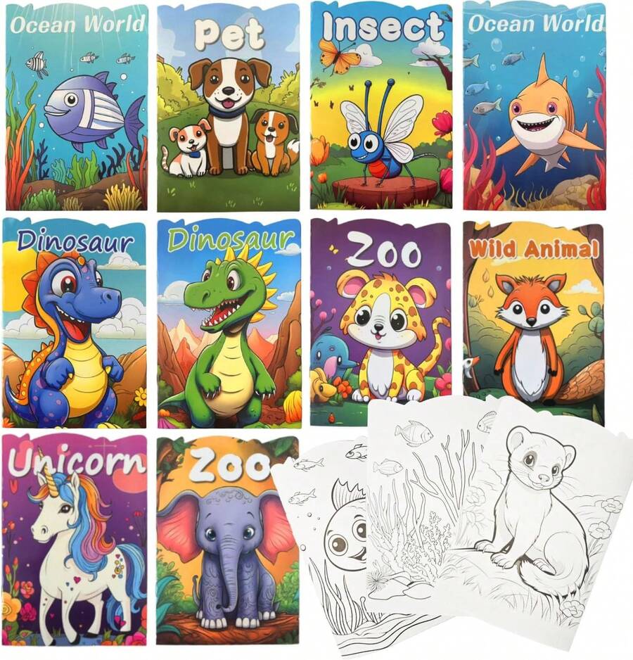 Libro para Colorear Niños 3-12 Años, 10 Libros para Colorear de Unicornios y Dinosaurios, Animales, Regalo Educativo, Fiesta, Escuela y Relleno para Bolsas de Regalo - 15-Blanco - Ver 1