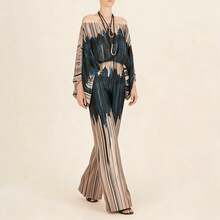 Off Shoulder Jumpsuit For Women, Multiple Colors Geometric Print Lantern Sleeve One Piece, Evening Party Glamorous Formal Outfit - Brown - View 1