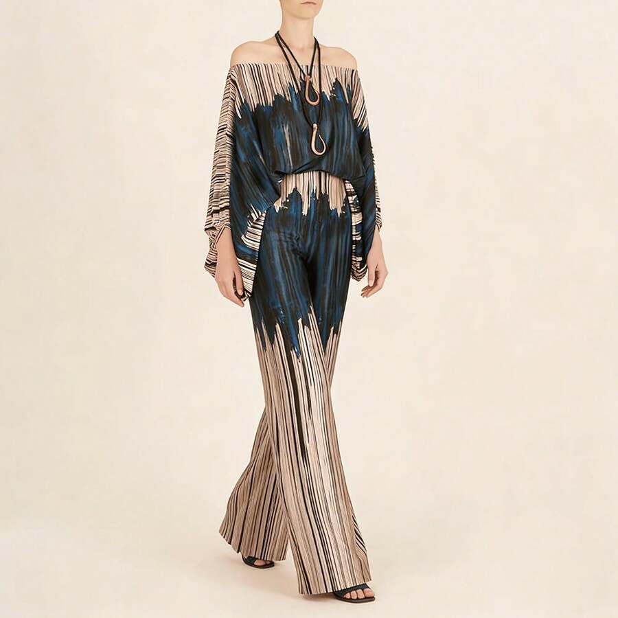 Off Shoulder Jumpsuit For Women, Multiple Colors Geometric Print Lantern Sleeve One Piece, Evening Party Glamorous Formal Outfit - Brown - View 1