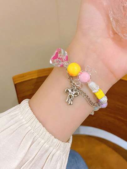Y2K原宿风糖果色串珠手链，心形钥匙蝴蝶结吊坠手链，朋克美学女式饰品，女士手链，夏季，手镯，女士配饰，西式，西式珠宝