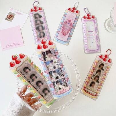 Cute Cartoon Strawberry Cake Transparent Photocard Holder With 4-Grid Design For Star 1pc Chasing, Lovely Student Style ID Card Bag Keychain Pendant With Four-Frame Photo Slot, Sweet Pink Dessert Pattern Clear Card Protector For Idol Photos Collection, Fashion Portable Keyring Card Case For Girls Daily Use And School Supplies
