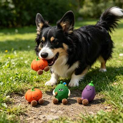 DEEOW 3件套趣味蔬菜毛绒玩具（南瓜、冬瓜和茄子）：这些玩具拥有可爱的毛绒脚掌和乳胶身体，并带有吱吱声，专为吸引小型至中型犬而设计。非常适合互动玩耍，而且经久耐用，耐咬！