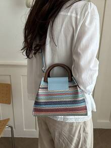 2pcs Rainbow Striped Woven Handbag Set, Women's Fashion Straw Shoulder Bag & Tote - Multicolor - View 3