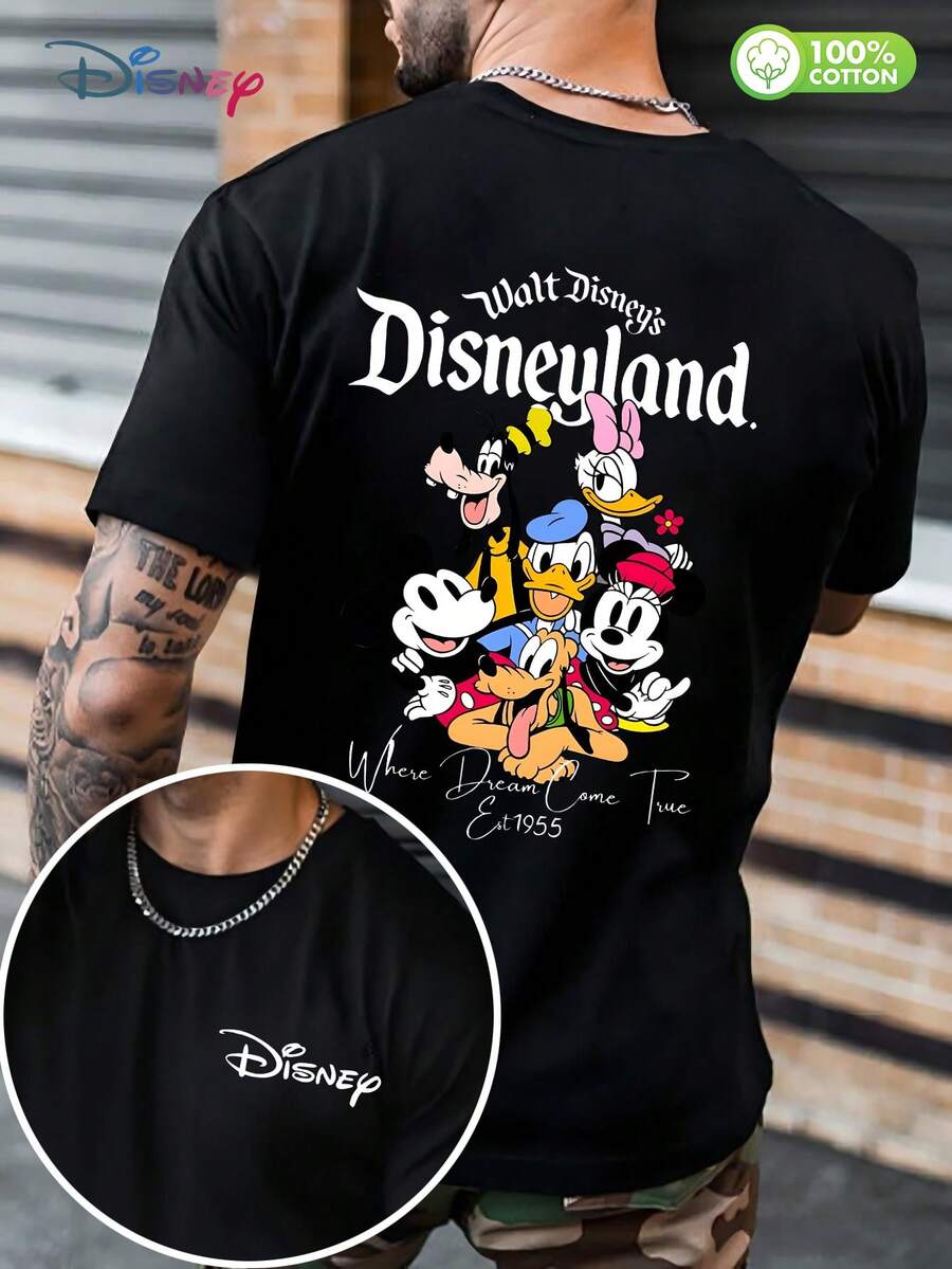 Men's 100% Cotton Disneyland Classic Characters T - Shirt | Mickey Mouse & Friends "Where Dreams Come True" Est.1955 Casual Tee - 黑色 - 查看 1