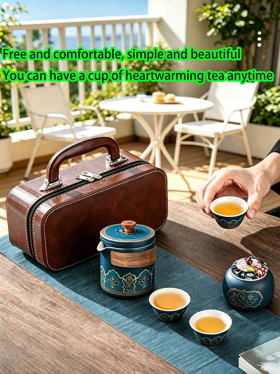 6件套便携式中式功夫茶具，陶瓷功夫茶壶配3个茶杯和茶叶罐，复古浮雕图案，木质耐热手柄，附赠皮质收纳袋，适合露营、办公室、户外、居家茶道等场合，是送给爱茶人士和母亲的绝佳礼物。
