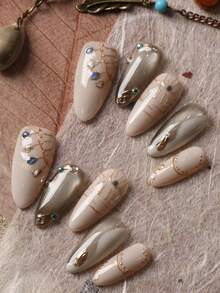 10pcs Press On Nails Nails Press On Nail Supplies Long Almond Beige Green Cat's Eye Golden Line Nails Fake Nails Artificial Nails Kit Includes 1sheet Adhesive Tabs &1 Pc Mini File - Multicolor - View 3