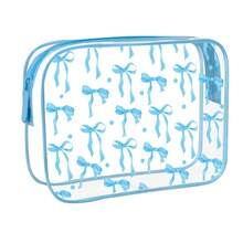 1pc Cute Pink Bow Print Transparent Makeup Bag, Waterproof PVC Clear Toiletry Pouch, Portable Adorable Cosmetic Organizer For Girl Daily Use - Transparent - View 2