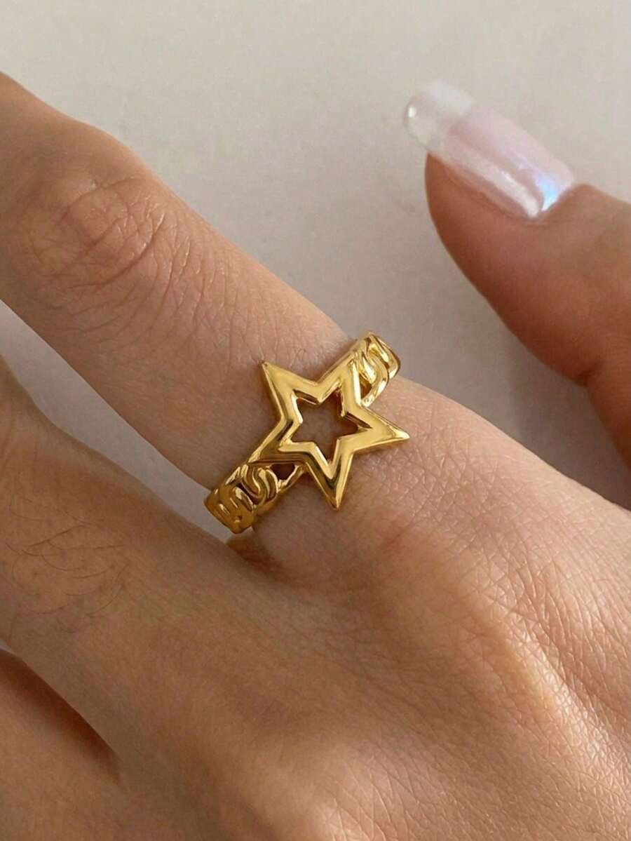 Nhẫn điều chỉnh kích thước hình ngôi sao rỗng tối giản bằng thép không gỉ, mạ vàng 18K chân không trên chất liệu thép titan. - nhẫn - Xem 1