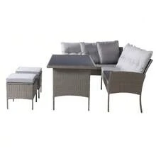 Poly Rattan Dining And Lounge Set For 7 People, With Sofa, Table, Stool And Cushions, Removable And Washable Fabric Cover, Khaki Color. - 卡其色 - 查看 10