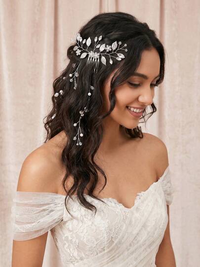 1件精致水钻花叶发梳，手工珍珠装饰新娘婚礼头饰，优雅派对发饰