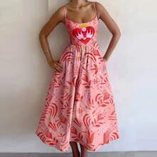2026 Spring New Women's Clothing, Cross-Border European And American Dress, Sexy Waist-Cinching Pleated Solid Color Large Hem Strap Dress - 粉紅色印花 - 查看 12