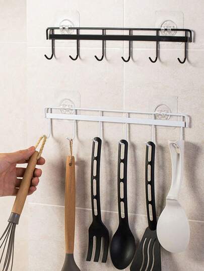 2pcs Kitchen Utensil Hooks, Adhesive Wall Mounted Hook Rack, No Drill Storage Organizer For Spatula, Measuring Spoons, Suitable For Bathroom, Bedroom, Closet, Kitchen, Food Studio, RV And More, Space Saving