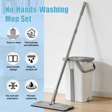 A Versatile Mop Bucket Designed For Both Wet And Dry Cleaning, Complete With A Mop And Three Extra Pads. It Features A 360° Rotating Mop Head, Eliminating The Need For Hand Washing. This Large Mop Is Ideal For Use In Homes, Offices, Hotels - 灰白色 - 查看 6