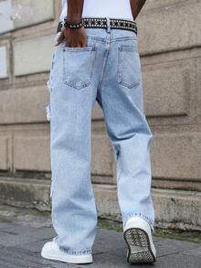 Jeans de mezclilla con parches y deshilachados, estilo urbano para hombres - Lavado ligero - Ver 4
