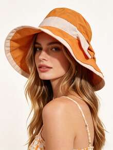 1 pièce Chapeau seau à large bord et nœud papillon, chapeau de protection solaire bicolore pour femmes, accessoire capillaire, chapeau de soleil d'été pour vacances à l'extérieur, protection contre les UV et ombre pour la plage - multicolore - Voir 5
