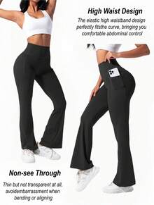 [Yoga Leggings] 4pcs High Waist Yoga  Flare Leg Leggings | 2 Pockets, Multipack Butt Lifting Tummy Control Workout Running 4 Way Stretch Cargo Sports Pants - 4pcs Leggings Set,Gym Clothes Women Set,Workout Sets - màu đen - Xem 4
